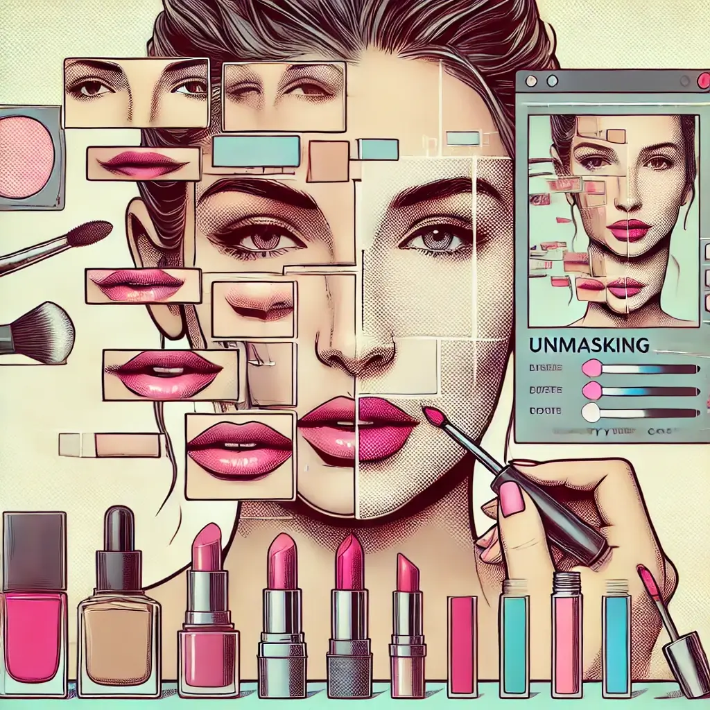 A comic-style illustration of a woman's face being obscured or distorted by various beauty products