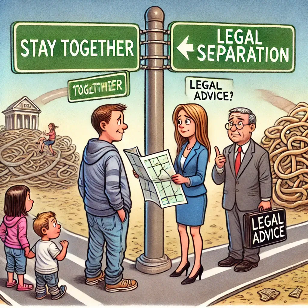 A cartoon illustration of a couple standing at a crossroads labeled 'Stay Together' and 'Legal Separation.' The man sees a tangled, confusing road under 'Stay Together,' while the woman observes a bureaucratic obstacle course under 'Legal Separation.' A lawyer, dressed as a GPS navigator, holds a map labeled 'Legal Advice' and points toward the legal separation path. Two kids stand in the middle, looking on with mixed emotions. The illustration humorously yet thoughtfully captures the complexities of separation.