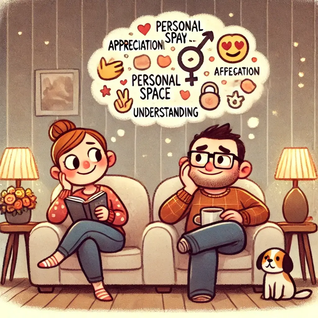 A cartoon illustration of a married couple sitting on a cozy couch. The husband has a thoughtful yet hesitant expression, with a thought bubble above his head filled with symbols representing appreciation, personal space, affection, and understanding. The wife, unaware, smiles while holding a book or cup of coffee. A pet sits nearby, adding to the warm, relaxed home atmosphere.