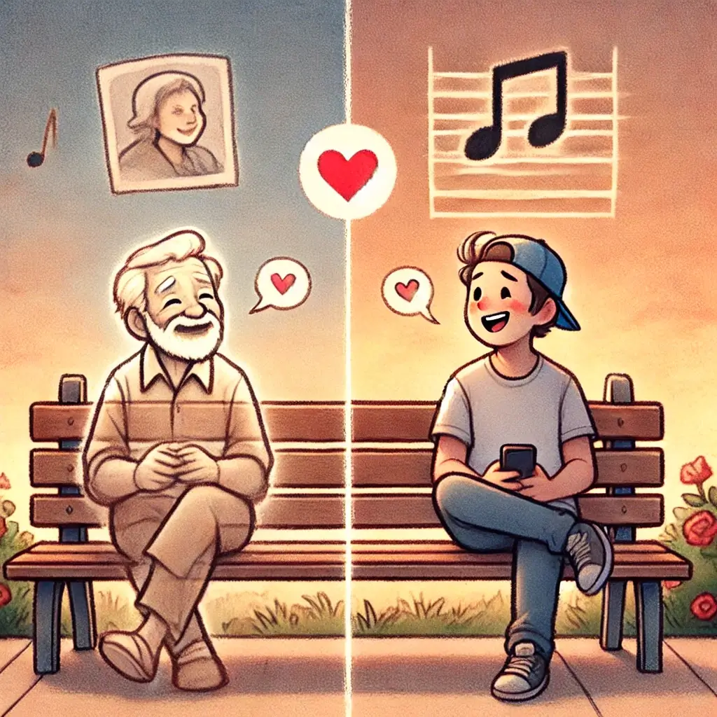 A cartoon illustration of a person sitting on a park bench, emotionally split into two states. On the left, they reminisce about their late spouse, gazing at a faded, semi-transparent figure in the sky with a small heart symbol above. On the right, they engage in light conversation with someone new, smiling yet thoughtful. The background subtly incorporates a musical playlist motif in the sky, symbolizing how love—like music—can embrace both past and present. The scene is warm, expressive, and emotionally resonant.