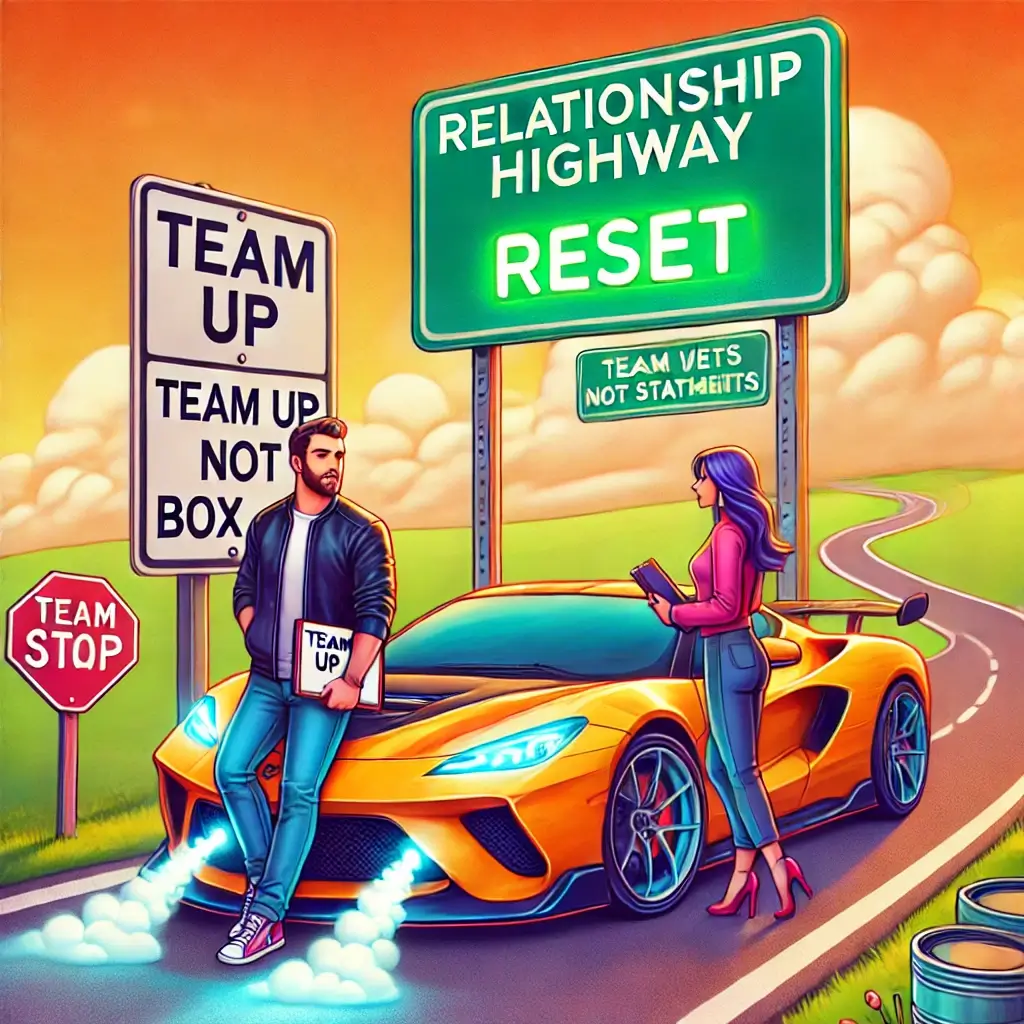 A colorful cartoon illustration of a couple standing beside a sleek sports car on "Relationship Highway." The car emits small puffs of smoke, symbolizing relationship struggles, while the couple engages in a positive conversation—one holding a notepad labeled "I Statements." A glowing "Reset" button is visible on the dashboard. A signpost in the background reads "Team Up, Not Box Up," with potholes on the road representing past challenges. The scene is bright and inviting, emphasizing teamwork and reconnection.