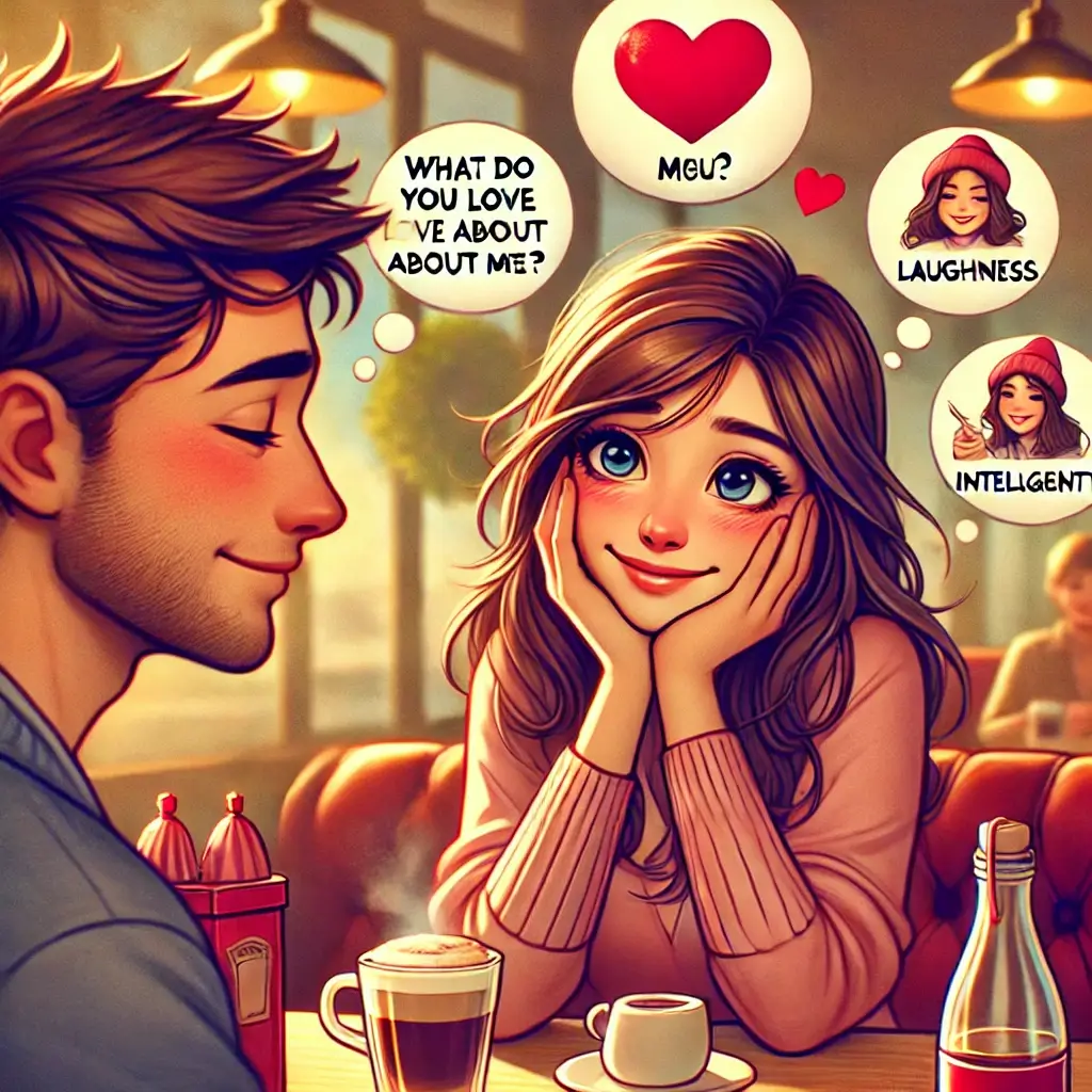 A heartwarming cartoon illustration of a young couple in a cozy café. The girlfriend, smiling playfully, asks, “What do you love about me?” while her boyfriend, looking flustered yet affectionate, thinks hard about his response. Thought bubbles depict his admiration for her kindness, laughter, intelligence, and beauty. The scene is rich in detail, featuring warm café lighting, expressive character designs, and a charming romantic atmosphere.