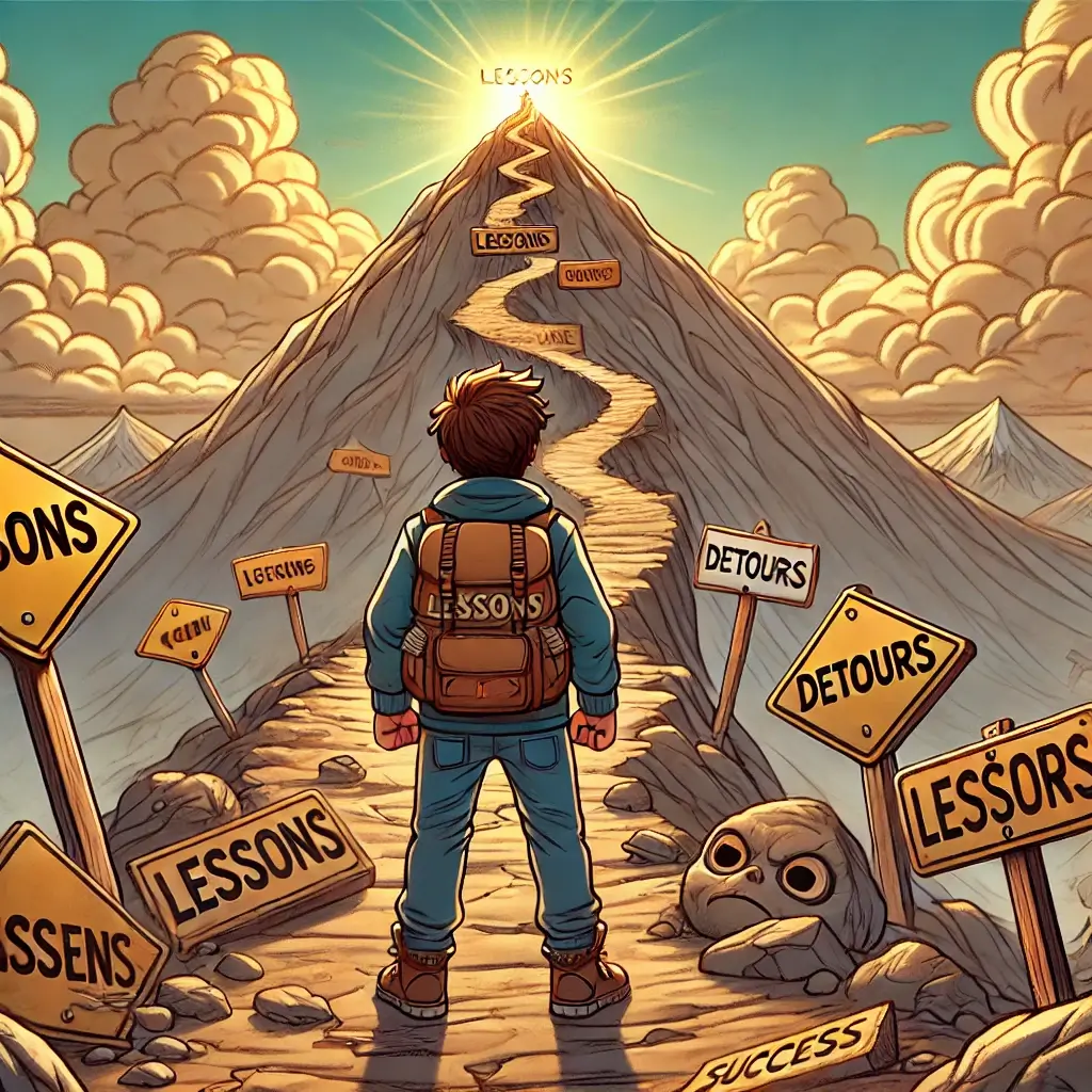 Cartoon illustration of a character climbing Failure Mountain, overcoming setbacks on the path to success, symbolizing resilience and learning from failure