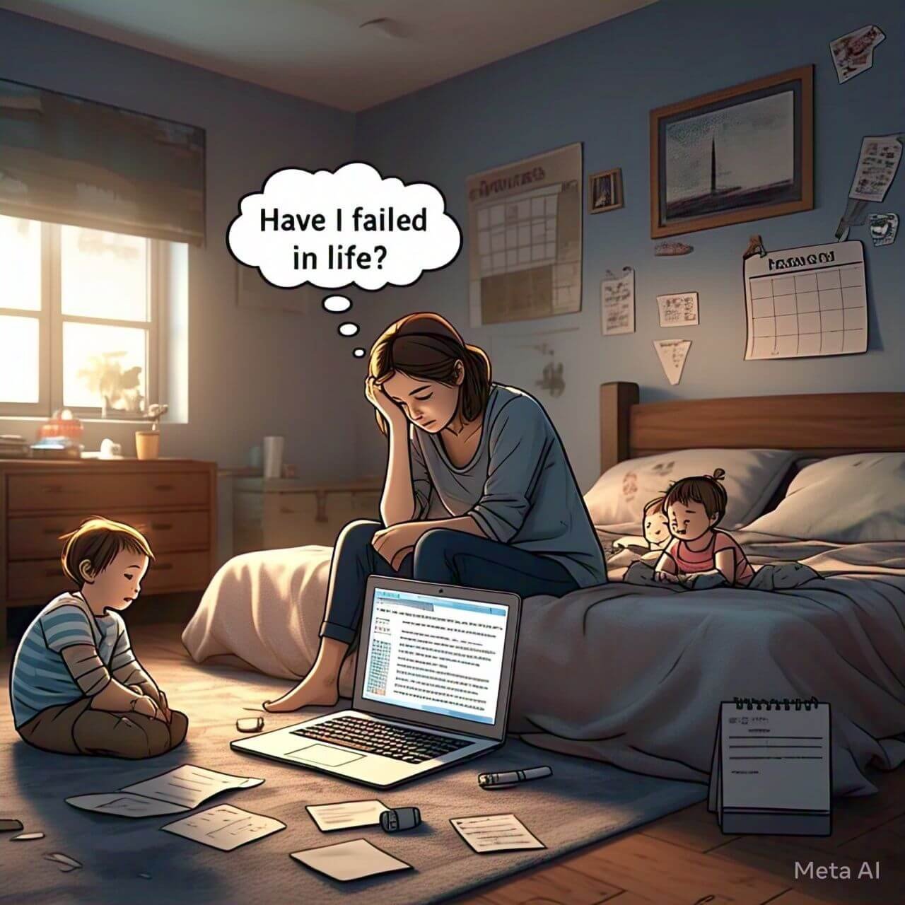 Illustration of a 36-year-old single mother feeling overwhelmed and questioning her success in life while her two kids play nearby. The scene reflects self-doubt, financial struggles, and the search for a fresh start.