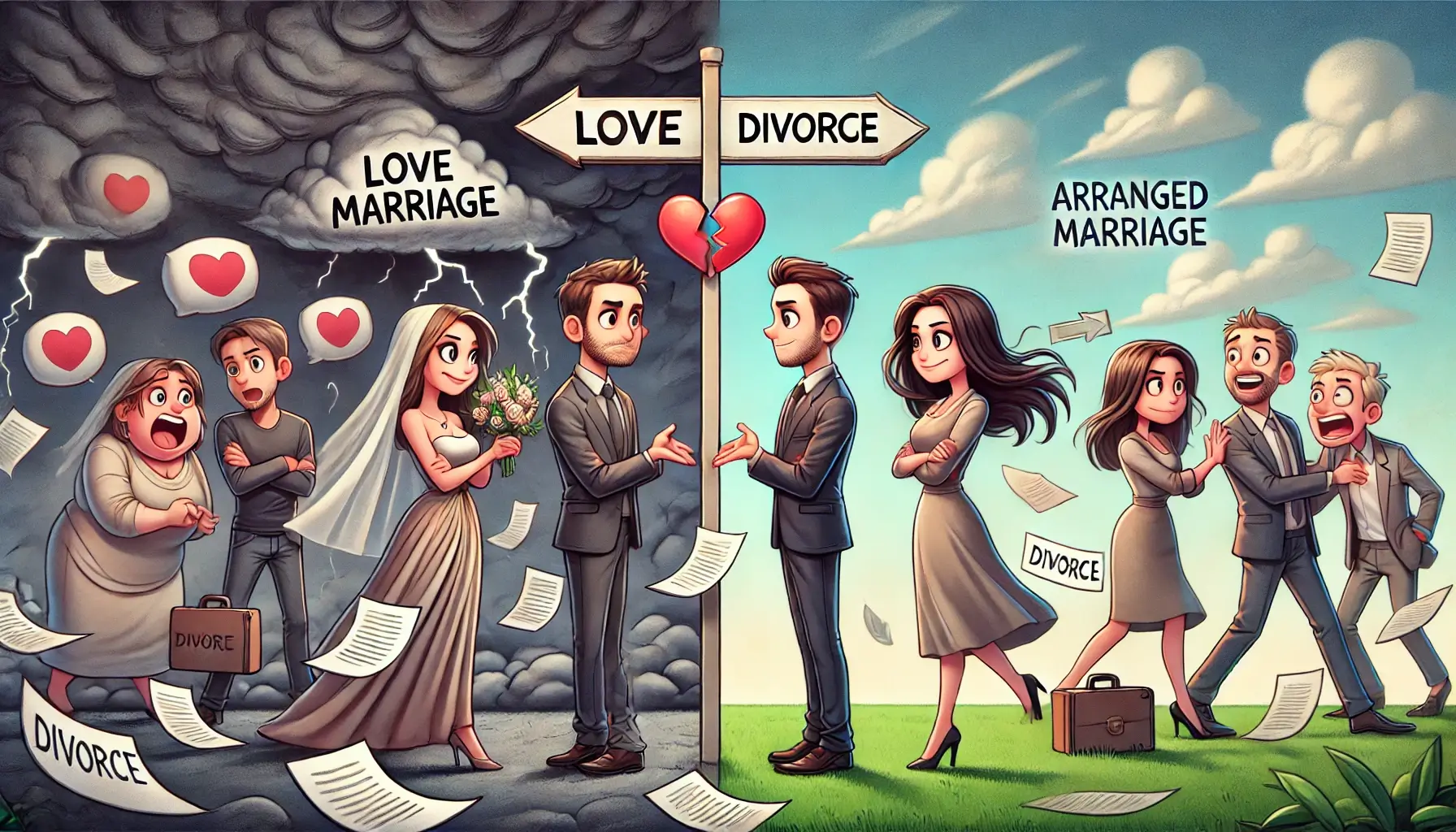 high-quality cartoon illustration representing the contrast between love marriages and arranged marriages, visually depicting their different outcomes.