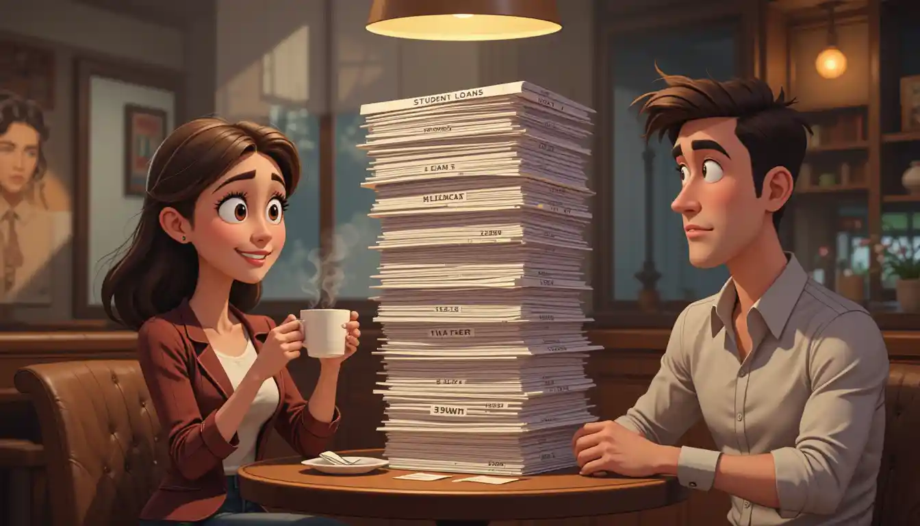 Cartoon woman on date showing towering stack of $200K student loan papers