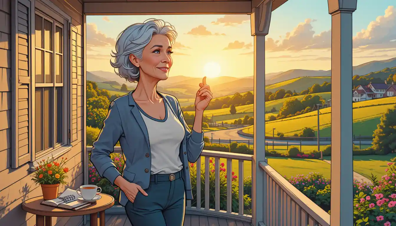 Mature widow in her 60s standing confidently on rural porch at sunset, representing hope and new beginnings in dating after loss and caregiving years