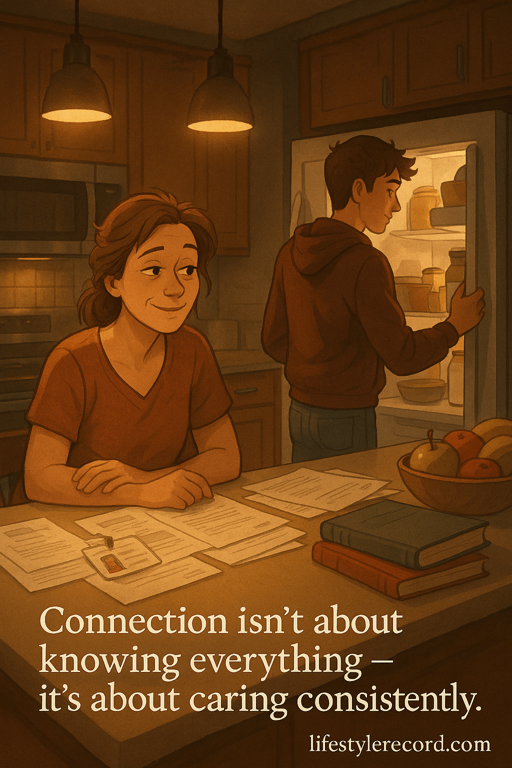 Warm cartoon illustration of single mother and teenage son sharing a quiet kitchen moment, depicting emotional connection through presence rather than conversation, with inspirational quote about consistent caring.