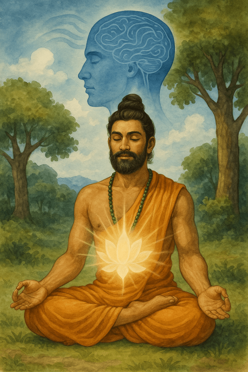cartoon illustration that depicts the power of Gayathri Mantra meditation as per hindu tradition on Mind and body